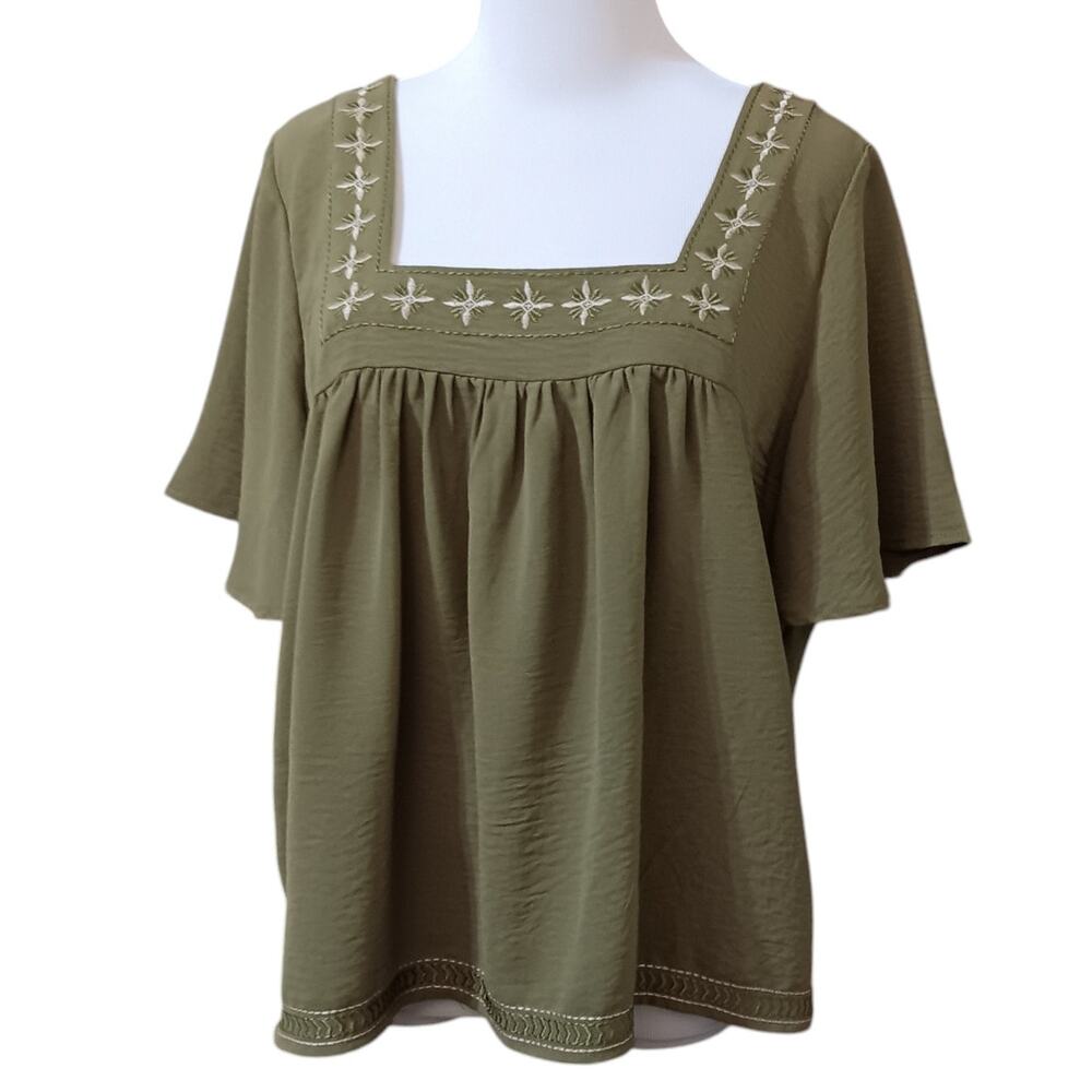BOBEAU Peasant Flowy Blouse Top‎ Embroidered Square Neck Gathers Size XL Green